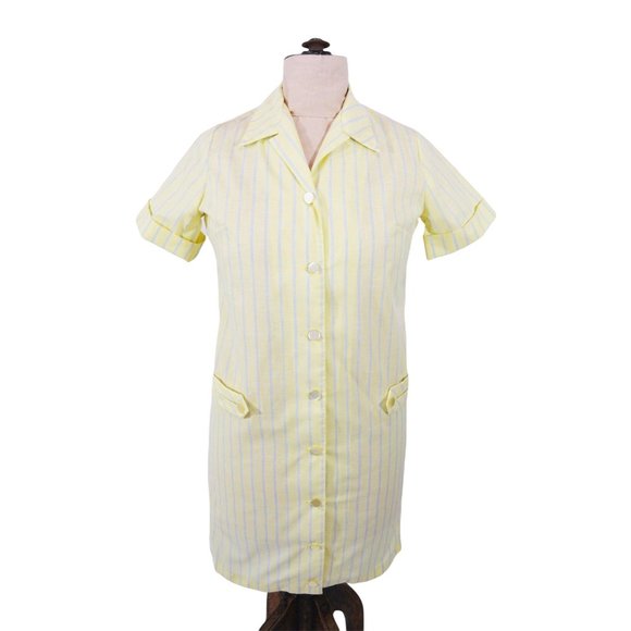 Vintage 1960s Yellow Stripe Dress Blue Mod Shift | W 40" - Picture 2 of 5